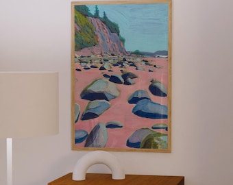 Kunstdruk Montecito Beach Rocks: vintage schilderij kust Californië