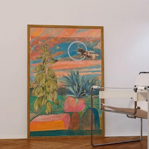 Longhorn Yucca Desert Print | Retro Texas Sunset Wall Art