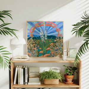 Regenbogen Yucca Pflanzendruck | Feigenkaktus Wüsten Dekor | West Texas Reise-Plakat | Big Bend Nationalpark | Vintage Retro Midcentury