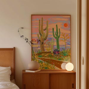 Saguaro Kaktus Landstraße Kunstdruck | Kalifornien Arizona Reise-Plakat | Wüsten Landschaft Dekor | Vintage-Western-Agave Ocotillo Sonnenuntergang