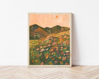 California Poppy Landscape Print: Retro Desert Wildflower Wall Art