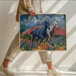 Wüstenpferde Poster | Vintage Bunte Western Malerei | Texas Reise Poster | Südwestliche Wolkenlandschaft | Retro Kaktus Agave Wanddekor