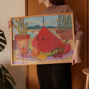 Wassermelone Zitrone Früchte Stillleben Kunstdruck | Texas Big Bend Nationalpark Poster | Vintage Retro Midcentury Modern Kaktus | Küche