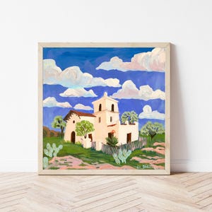 Impresión de una antigua iglesia de Texas / Póster vintage retro de mediados de siglo / Póster de viaje por Hill Country / Tuna, yuca, agave / Desierto del suroeste rústico
