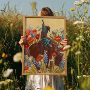 Póster de vaquero con un bronco al ataque / Impresión retro vintage moderna del oeste / Arte mural grande / Pintura original de rodeo de Texas / Amapola Bluebonnet