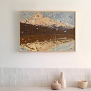 Stampa artistica retrò del Monte Hood: sci vintage, paesaggio del Pacifico nord-occidentale