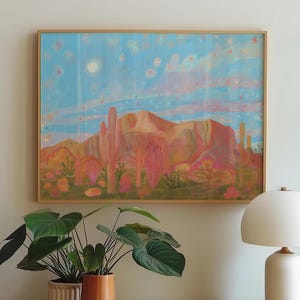 Pink Mountain Landscape Print | Western Cactus Travel Poster | Pastel Sunset Painting | Yucca Agave Saguaro Decor | Vintage Midcentury