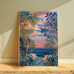 Blue Hill Country Sonnenuntergang | Texas Lake River Reiseplakat | Natur Wald Wand Kunst | Südwestlichen Dekor | Vintage Austin