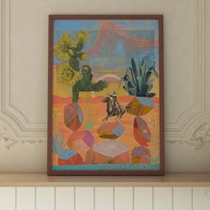 Impresión de paisaje de rocas rosadas del desierto / Collage de técnica mixta de vaqueros / Póster de viaje de cactus, agave y yuca / Pintura retro vintage del suroeste