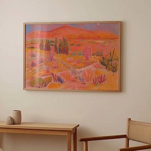 Western Desert Print | Retro Midcentury Modern Poster | Botanical Cactus Decor | Pink Office Bedroom Painting | Vintage Wild West Art
