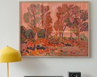 Pink Western Landscape Art Print: Vintage Retro Forest, Mid-Century Modern