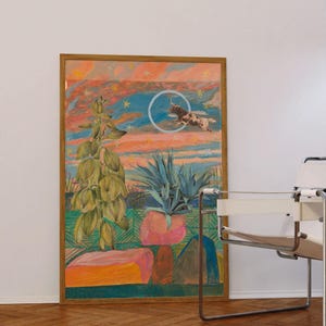 Stampa del deserto di Longhorn Yucca / Arte murale retrò del tramonto del Texas