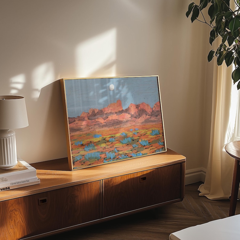 Pastel Art Print: Big Bend National Park Moon Sunset - Mid-Century Modern Western Cactus Poster image 2
