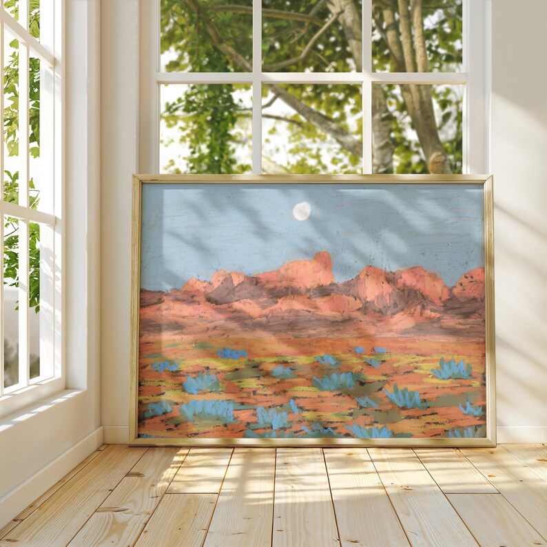 Pastel Art Print: Big Bend National Park Moon Sunset - Mid-Century Modern Western Cactus Poster image 5