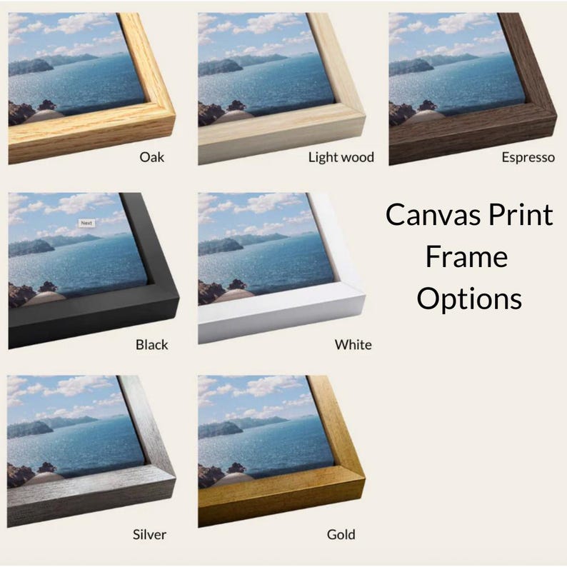 a collection of six different colored wooden frames, each containing a framed landscape photograph of a seascape. The frames are arranged in a grid format, with three rows and two columns, showcasing various shades of wood and finishes.