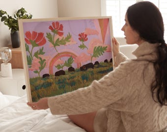 Buffalo & Poppy Print: Abstract Western Landscape Art