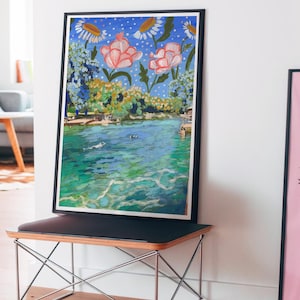 Impresión botánica de Barton Springs / Póster vintage de viaje a Texas / Decoración de pared colorida de Austin / Regalo de paisaje natural moderno retro de mediados de siglo