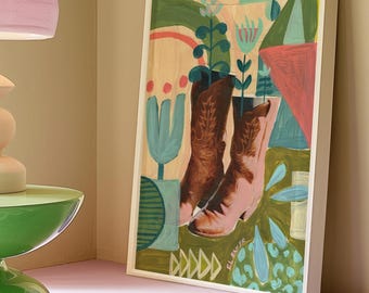 Cowboy Boots Art Print: Retro Austin Texas Geometric Decor