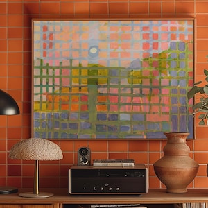 Impresión artística de paisaje desértico moderno de mediados de siglo: Atardecer retro del Oeste