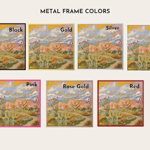 The image is a collage of six different color variations of a landscape painting, each with a different metal frame color applied to it.