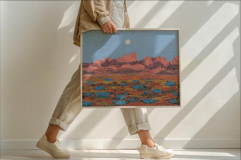 Pastel Art Print: Big Bend National Park Moon Sunset - Mid-Century Modern Western Cactus Poster image 4