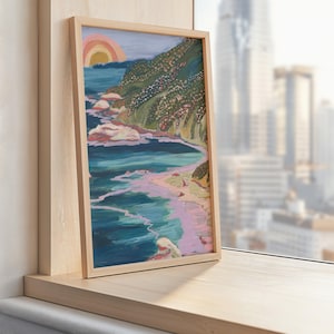 Impresión de Big Sur, California / Póster de viaje colorido / Decoración costera de la playa de San Francisco / Paisaje de la autopista del Pacífico / Océano arcoíris de amapolas