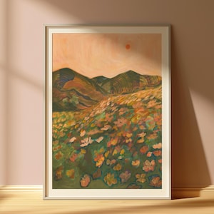 California Poppy Landscape Print: Retro Desert Wildflower Wall Art