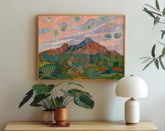 Impressão de cactos ao pôr do sol no deserto: Paisagem ocidental moderna de meados do século XX