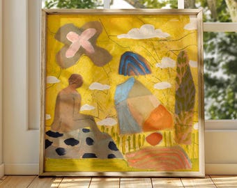 May include: A square framed painting featuring a bright yellow background with a seated figure on a spotted rock, a tall patterned tree, abstract blue and orange shapes, and white clouds under a large pink cross-shaped form in a thin frame.