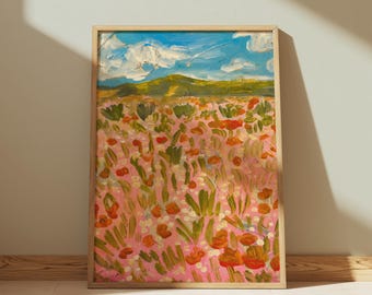 Peut inclure: Une peinture encadrée rectangulaire représentant un paysage avec un premier plan rose vif rempli de coups de pinceau orange et verts représentant des fleurs et du feuillage, une colline verte au loin et un ciel bleu vif avec des nuages blancs.