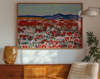 California Poppy Field Art Print: Mountain Landscape Painting