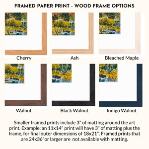 a collection of framed paper prints, each with a different wood frame option. The framed prints include cherry, ash, bleached maple, walnut, black walnut, and indigo walnut frames. The image also provides information about the size of the framed prints, with smaller framed prints including 3" of matting around the art print and larger framed prints not being available with matting.