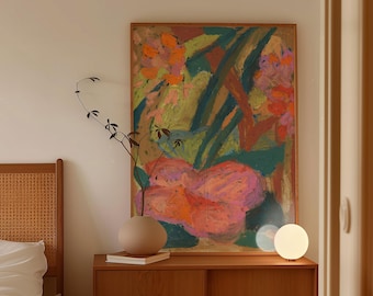 May include: A rectangular framed wall art piece featuring an abstract floral painting with vibrant pink, orange, green, and dark blue brushstrokes. The artwork is displayed on a wooden cabinet next to a matte beige vase and a small spherical lamp.