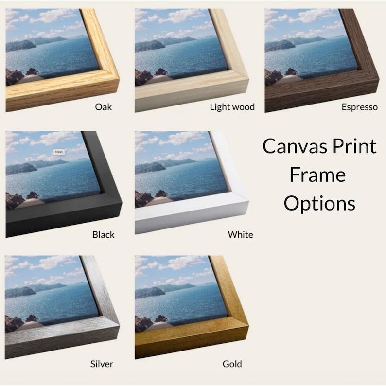 a collection of six different colored wooden frames, each containing a framed landscape photograph of a seascape. The frames are arranged in a grid format, with three rows and two columns, showcasing various shades of wood and finishes.