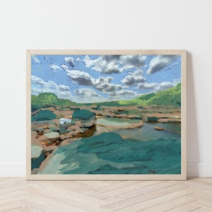 Parque Estatal Pedernales Falls / Póster de viaje de Texas / Arte mural de Austin / Decoración de la región montañosa de San Antonio / Pintura del río Texas