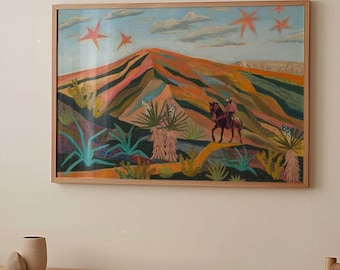 Cowboywoestijnschilderij: moderne westelijke muurkunst uit het midden van de eeuw