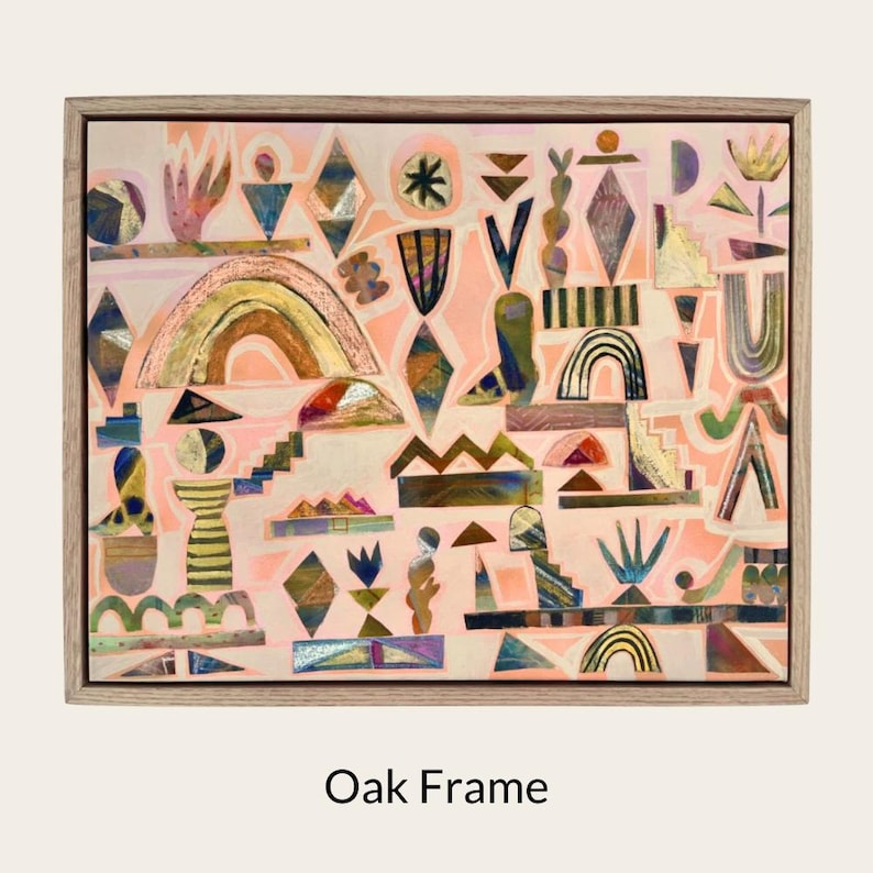 The image is an abstract art piece with a variety of shapes, patterns, and colors. The artwork is framed and displayed in an oak frame.