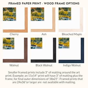 a collection of framed paper prints, each with a different wood frame option. The framed prints include cherry, ash, bleached maple, walnut, black walnut, and indigo walnut frames. The image also provides information about the size of the framed prints, with smaller framed prints including 3" of matting around the art print and larger framed prints not being available with matting.