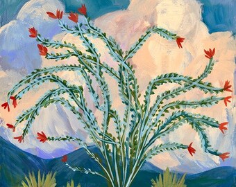 Ocotillo Big Bend National Park Print | West Texas Desert Landscape Art | Vintage Travel | Midcentury Modern | Clouds Agave Botanical Cactus