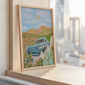 Vintage LKW Landschaftsdruck | West Texas Poster | Big Bend Marfa Reisemalerei | Vintage Kaktus Collage | Yucca Gebirge Art