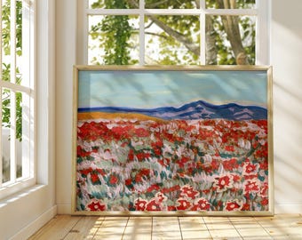 California Poppy Field Art Print: Mountain Landscape Painting