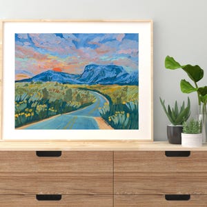 Big Bend Sonnenuntergang Landstraße | West Texas Reise-Plakat | Bunte Vintage Natur Landschaft | Nationalpark-Wüste südwestlicher Druck | Kaktus