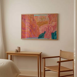 Impresión de Pink Canyon / Póster de parque nacional / Pintura de viaje al oeste de Texas / Decoración del desierto occidental / Arte mural de naturaleza vintage moderno de mediados de siglo