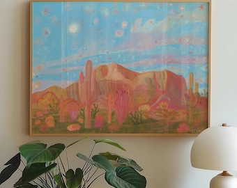 Impressão de Cacto Rosa da Montanha: Arte Vintage de Paisagem Ocidental
