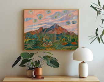 Desert Sunset Cactus Print: Mid-Century Modern Western Landscape