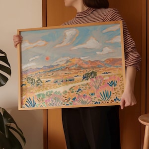 Póster de paisaje desértico en colores pastel / Pintura original moderna vintage de mediados de siglo / Impresión occidental de gran tamaño para paredes grandes / Arte de cactus, agave y yuca