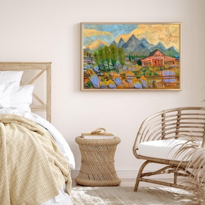 Grand Teton National Park Reise Poster | Western Landschaft Wand Kunst | Vintage Midcentury Moderne Wyoming Natur Dekor | Cowboyhut im Westernstil
