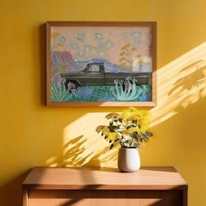 Retro LKW Druck | Wüstenlandschaft | Mixed Media bunte Collage | Texas Reise Poster | Botanische Wildblumen Kaktus Agave Malerei