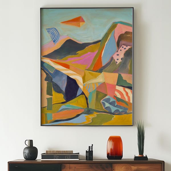 Moderne bergprint uit het midden van de eeuw: retro woestijnlandschapskunst