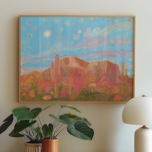 Pink Mountain Cactus Print: Vintage Western Landscape Art